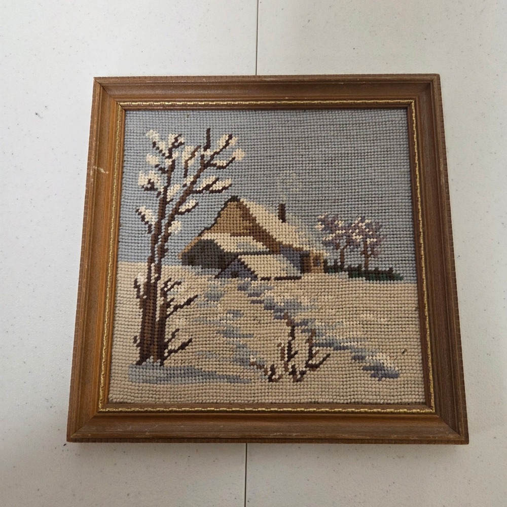 Vintage Framed Needlepoint Winter Cabin Landscape Wood Frame 12x12 Rustic Art